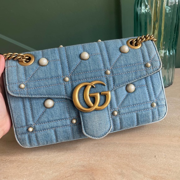 ❌SOLD❌Gucci GG Marmont Denim Pearl Small Flap Bag - Picture 2 of 14